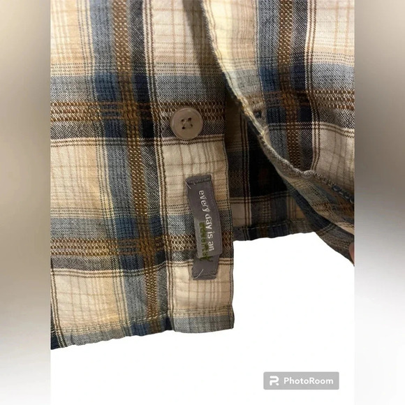 Horny Toad Button Up Shirt Mens XL Organic Cotton Beige Blue Plaid Chore - Picture 3 of 7
